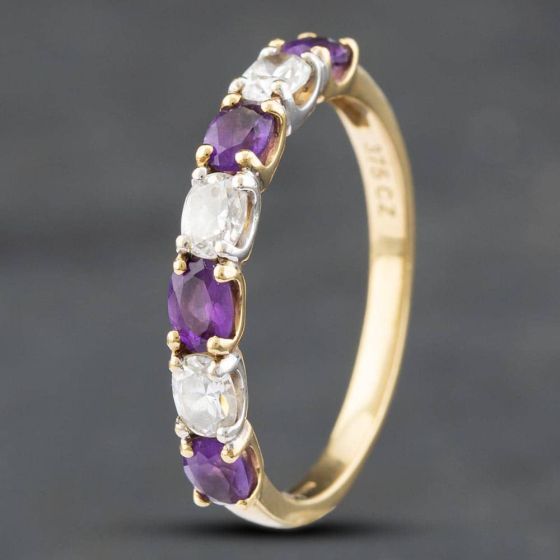 Second Hand 9ct Yellow Gold Amethyst & Cubic Zirconia Half Eternity Ring 41101236