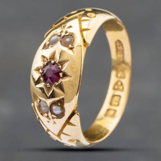 Second Hand 18ct Yellow Gold Ruby & Seed Pearl Five Stone Ring 41101415