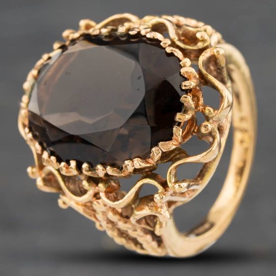 Second Hand Vintage Yellow Gold Smokey Quartz Large Oval Dress Ring 41101601
