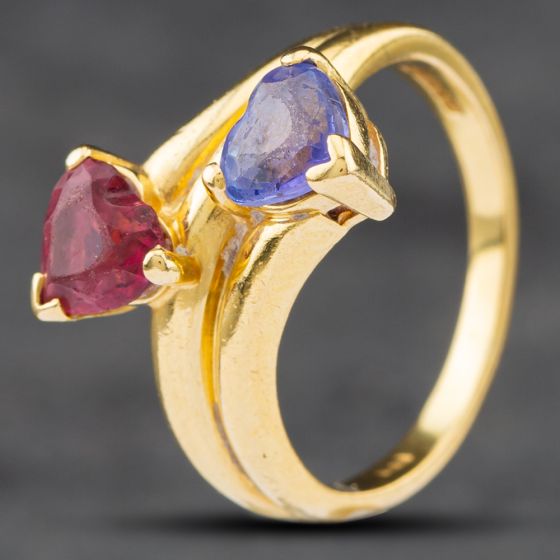 Second Hand 18ct Yellow Gold Pink Tourmaline & Tanzanite Heart Shape Cross Over Dress Ring 41101752