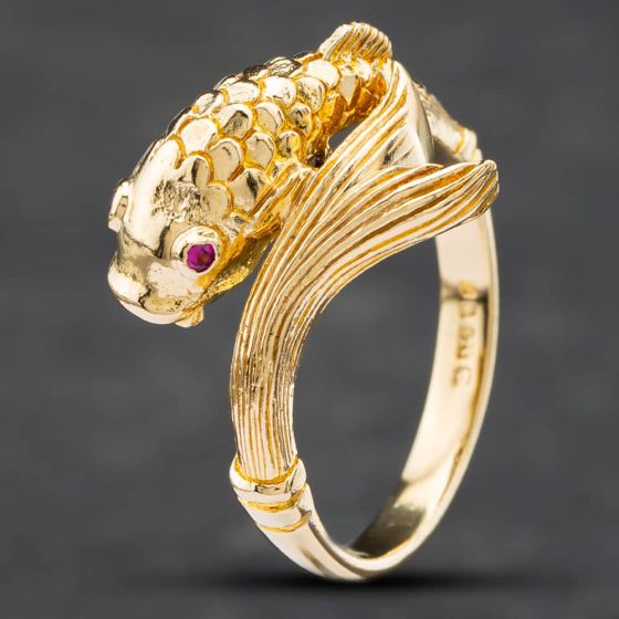 Second Hand 9ct Yellow Gold Ruby Koi Fish Signet Ring 41101758