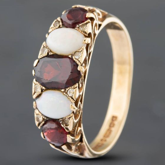 Second Hand Vintage 9ct Yellow Gold Garnet & Opal & Cubic Zirconia Boat Shape Five Stone Ring 41101880