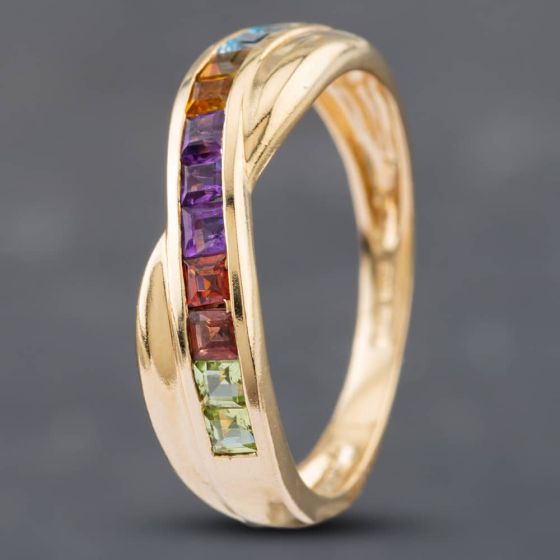 Second Hand 9ct Yellow Gold Blue Topaz Citrine Garnet & Peridot Multi Stone Crossover Ring 41102119