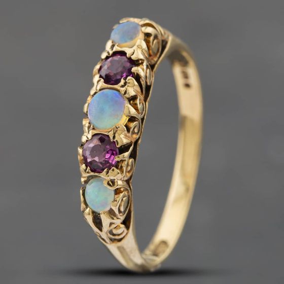 Second Hand 9ct Yellow Gold Opal & Ruby Five Stone Ring 41102153
