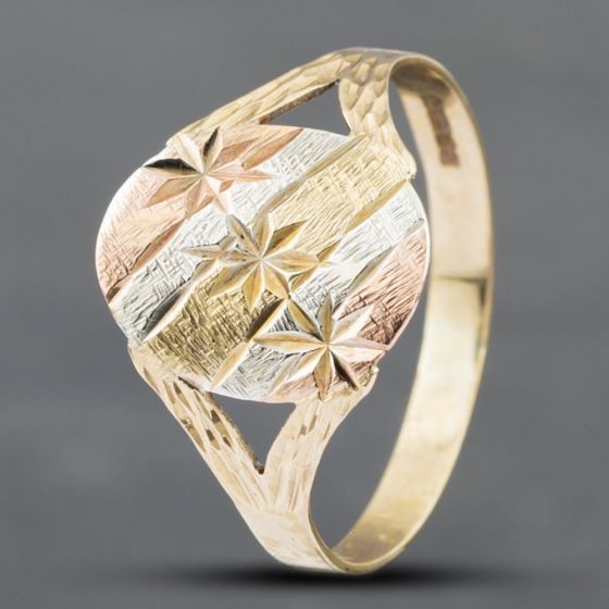 Second Hand 9ct Three Colour Gold Diamond Cut Pattern Signet Ring 41102304