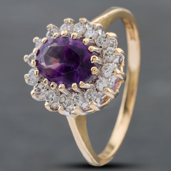 Second Hand 9ct Yellow Gold Amethyst & Cubic Zirconia Cluster Ring 41102348