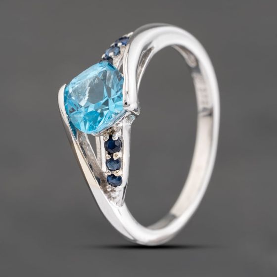 Second Hand 9ct White Gold Blue Topaz & Sapphire Twist Dress Ring 41102456