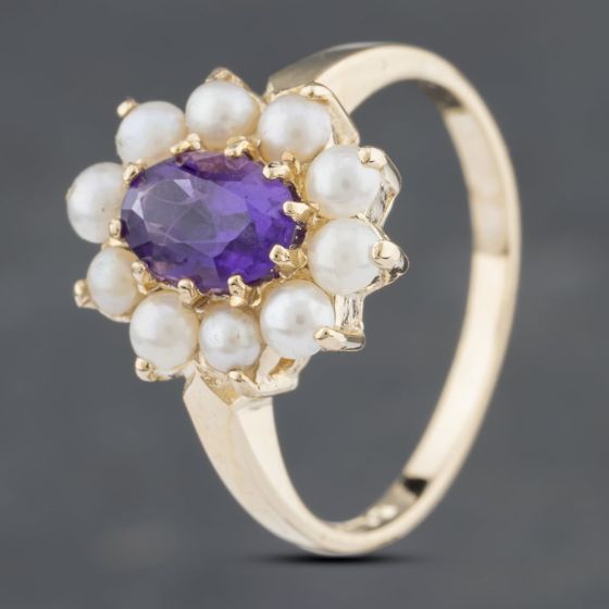 Second Hand 9ct Yellow Gold Amethyst Seed Pearl Cluster Ring 41102486