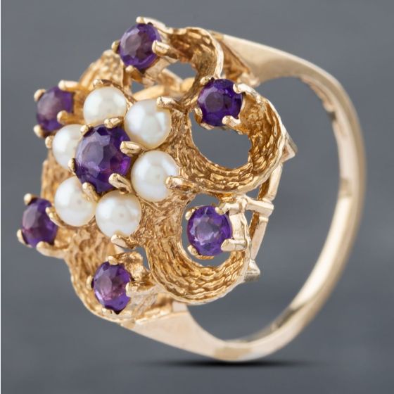 Second Hand 9ct Yellow Gold Amethyst & Seed Pearl Openwork Cluster Ring 41102598