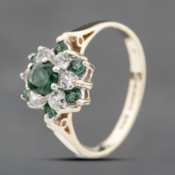 Second Hand 9ct Yellow Gold Green & White Spinel Cluster Ring 41102668