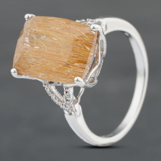 Second Hand Vintage 9ct White Gold Rutile Quartz & Diamond Dress Ring 41102776