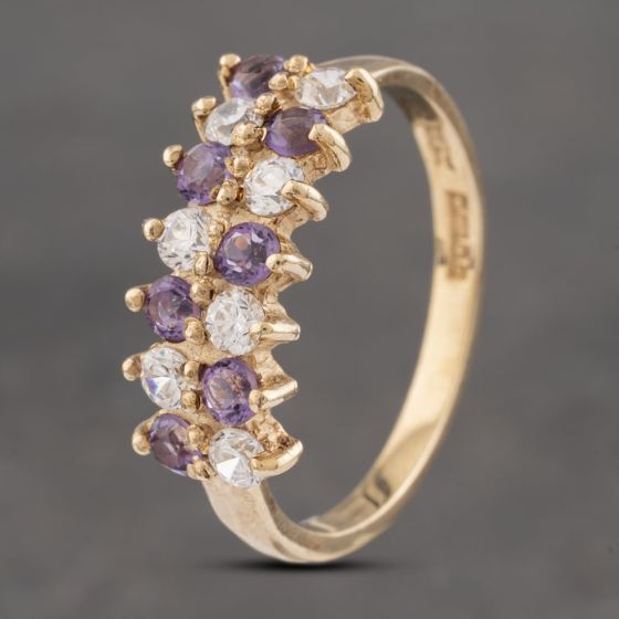 Second Hand 9ct Yellow Gold Amethyst & Cubic Zirconia Two Row Ring 41102851