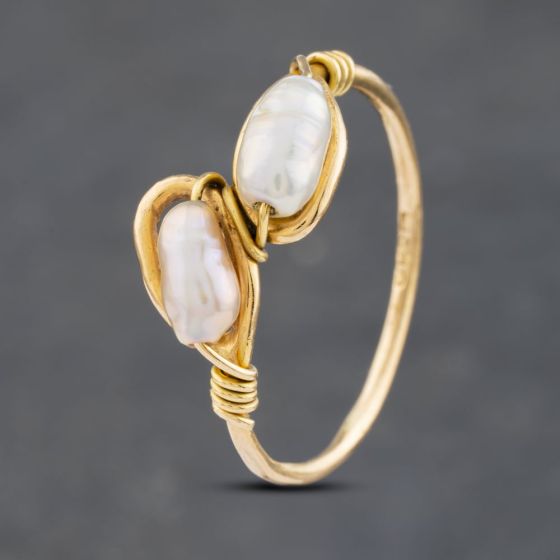 Second Hand 18ct Yellow Gold Baroque Pearl Two Row Ring 41102926