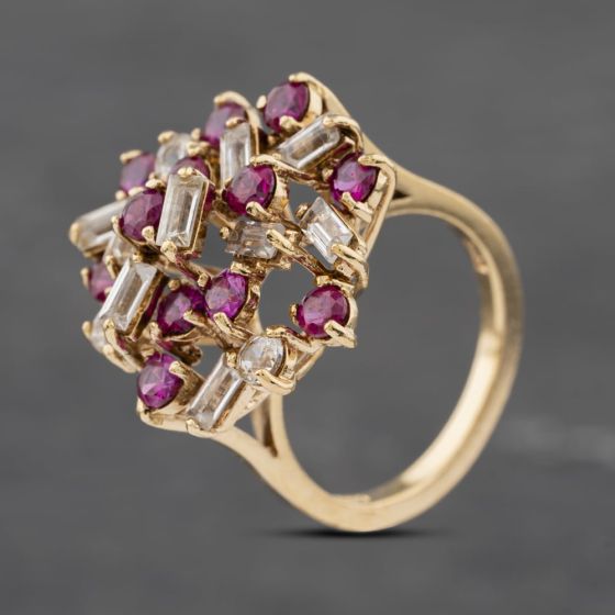 Second Hand 9ct Yellow Gold Synthetic Rubies & Synthetic White Spinels Cluster Ring 41103009