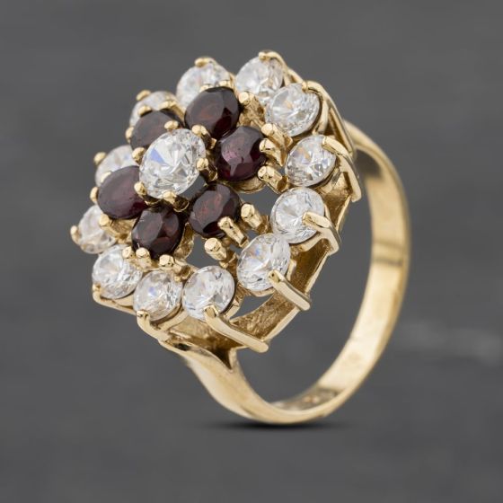 Second Hand 9ct Yellow Gold Garnet & Cubic Zirconia Large Round Cluster Ring 41103024