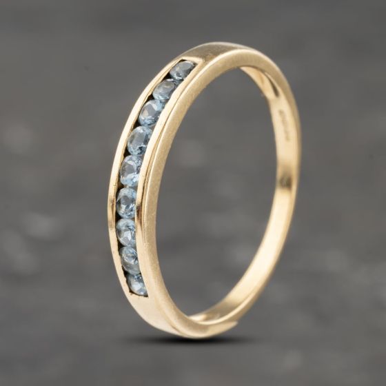 Second Hand 9ct Yellow Gold Aquamarine Channel Set Half Eternity Ring 41103097