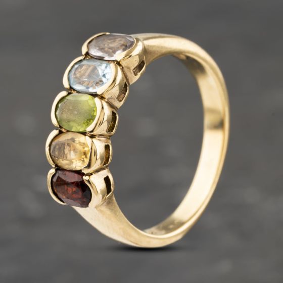Second Hand 9ct Yellow Gold Citrine & Garnet,Peridot,Blue Topaz Oval Tension Set Five Stone Ring 41103104