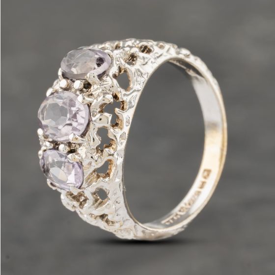 Second Hand 9ct White Gold Amethyst Ornate Three Stone Ring 41103258