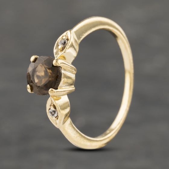 Second Hand 9ct Yellow Gold Smokey Quartz & White Topaz Shoulders Dress Ring 41103262