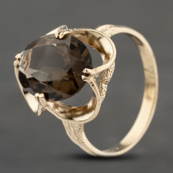Second Hand 9ct Yellow Gold Smokey Quartz Oval Scollop Design Dress Ring 41103294