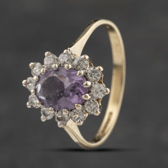 Second Hand 9ct Yellow Gold Amethyst & Cubic Zirconia Cluster Ring 41103356