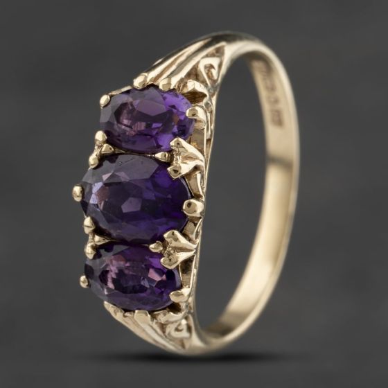 Second Hand 9ct Yellow Gold Amethyst Three Stone Ring 41103364