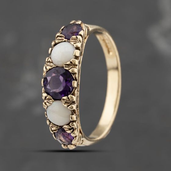 Second Hand 9ct Yellow Gold Amethyst & Opal Five Stone Ring 41103504