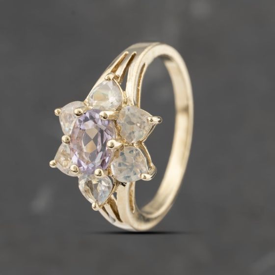 Second Hand 9ct Yellow Gold Amethyst & Rainbow Crystal Flower Cluster Ring 41103511