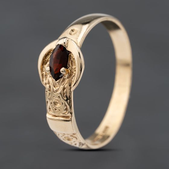 Second Hand 9ct Yellow Gold Garnet Set Engraved Buckle Ring 41103559