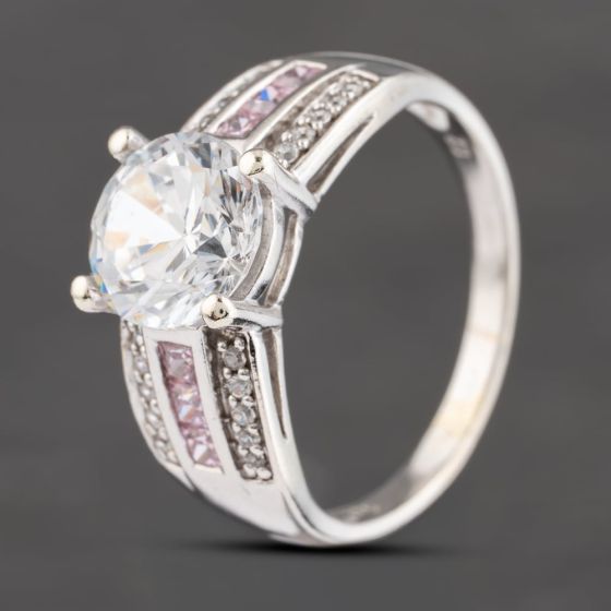 Second Hand 9ct White Gold Cubic Zirconia & Pink Cubic Zirconia Three Row Shoulders Solitaire Ring 41103586