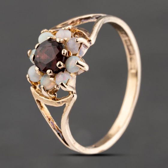 Second Hand 9ct Yellow Gold Garnet & Opal Flower Cluster Ring 41103595