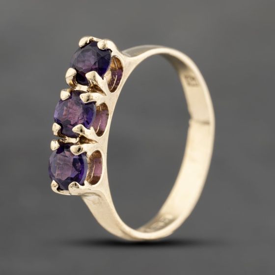 Second Hand 9ct Yellow Gold Amethyst Three Stone Ring 41103634