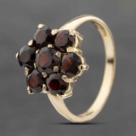 Second Hand Vintage 9ct Yellow Gold Garnet Flower Cluster Ring 41103649