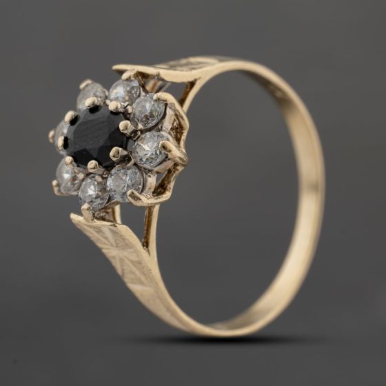 Second Hand 9ct Yellow Gold Sapphire & Cubic Zirconia Flower Cluster Ring 41103689