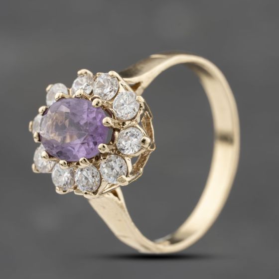 Second Hand 9ct Yellow Gold Amethyst & Cubic Zirconia Flower Cluster Ring 41103766