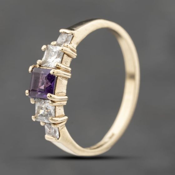 Second Hand 9ct Yellow Gold Amethyst & Cubic Zirconia Square Cut Five Stone Ring 41103789