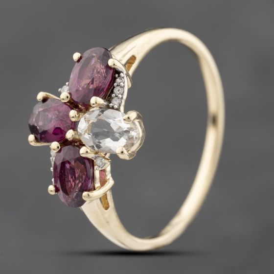 Second Hand 9ct Yellow Gold Tourmaline & White Topaz Flower Dress Ring 41103795