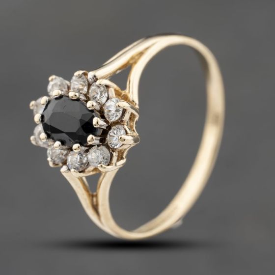 Second Hand 9ct Yellow Gold Sapphire & Cubic Zirconia Cluster Ring 41103805