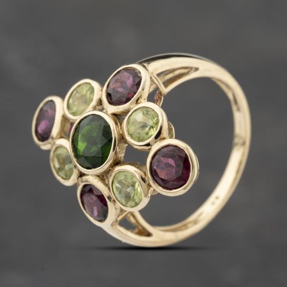 Second Hand 9ct Yellow Gold Diopside, Peridot & Pink Tourmaline Rubover Set Dress Ring 41103865