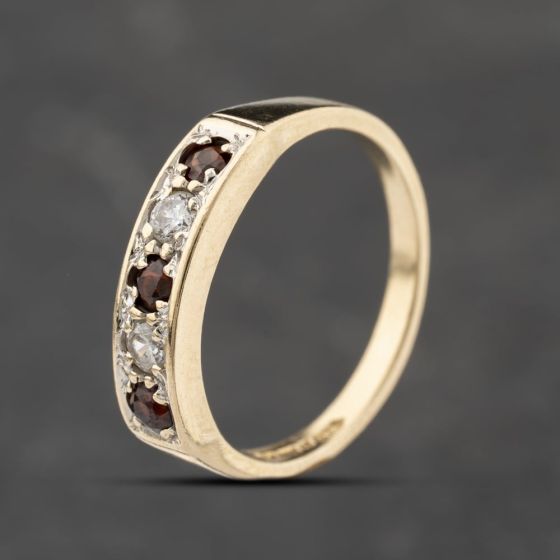 Second Hand 9ct Yellow Gold Garnet & Cubic Zirconia Five Stone Half Eternity Ring 41103867