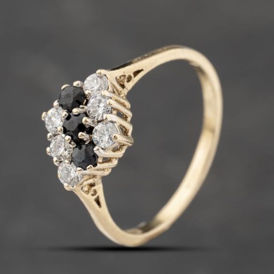 Second Hand 9ct Yellow Gold Sapphire & Cubic Zirconia Three Row Cluster Ring 41103876