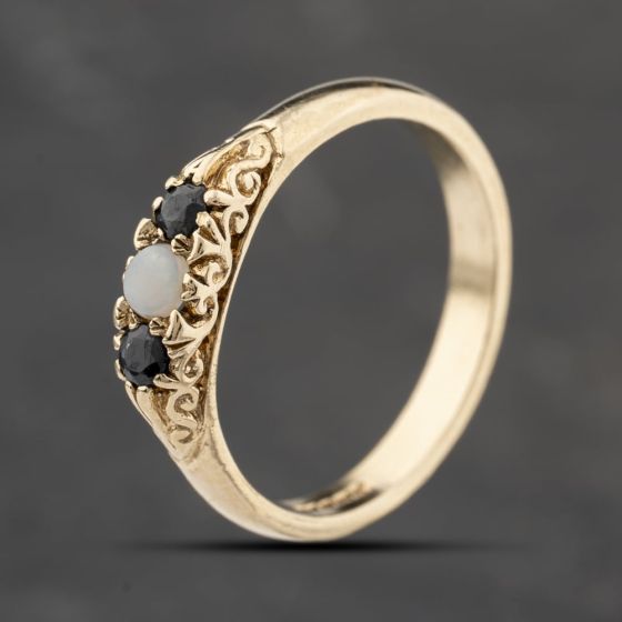 Second Hand 9ct Yellow Gold Opal & Sapphire Three Stone Ring 41103878