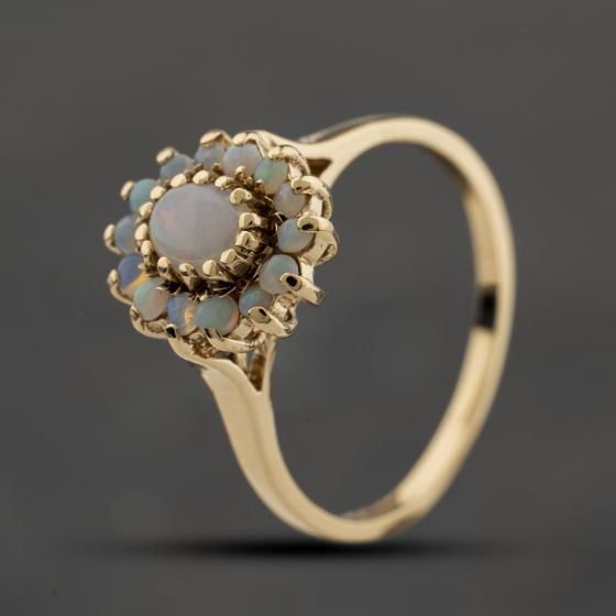 Second Hand 9ct Yellow Gold Opal Oval Flower Cluster Ring 41103969