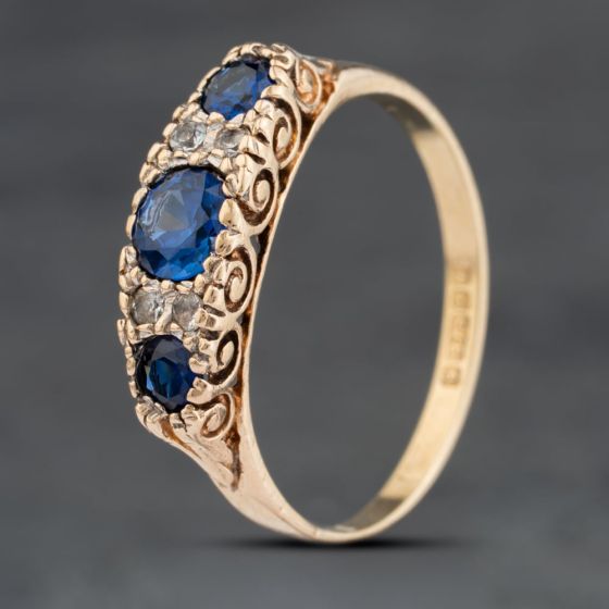 Second Hand Vintage 9ct Yellow Gold Synthetic Sapphire & White Spinel Seven Stone Ring 41104037