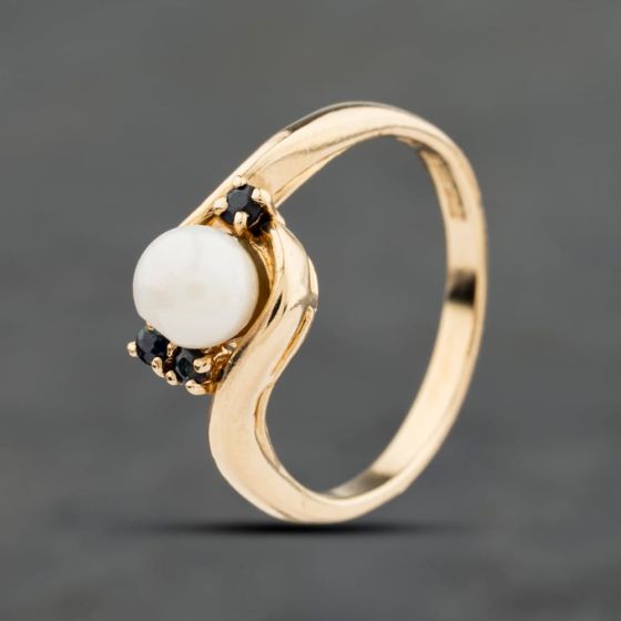 Second Hand 9ct Yellow Gold Simulated Pearl & Blue Spinel Round Dress Ring 41104065