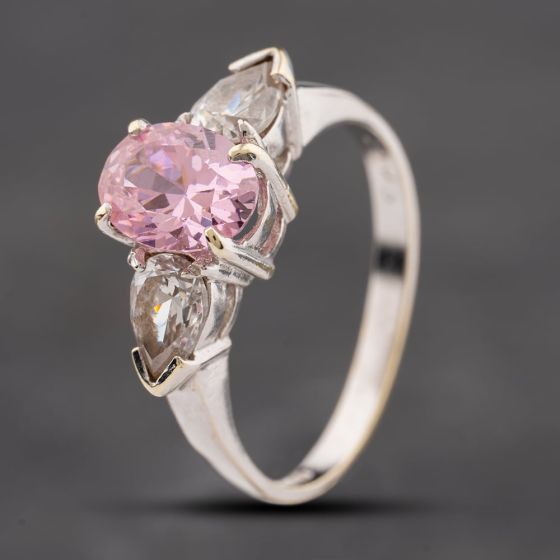 Second Hand 9ct White Gold Pink & White Cubic Zirconia Three Stone Dress Ring 41104187