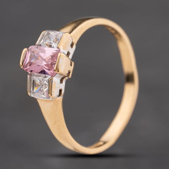 Second Hand 9ct Yellow Gold Pink & White Cubic Zirconia Three Stone Ring 41104202