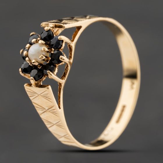 Second Hand 9ct Yellow Gold Sapphire & Pearl Flower Cluster Ring 41104239