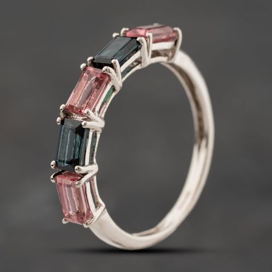Second Hand 9ct White Gold Pink Tourmaline & Iolite Five Stone Ring 41104257