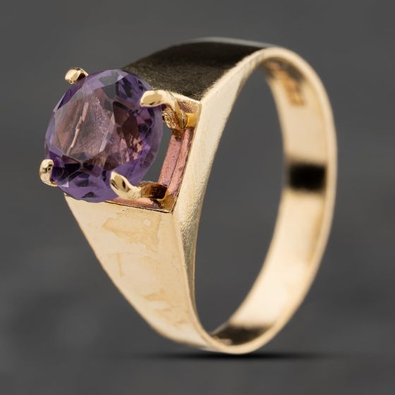 Second Hand 9ct Yellow Gold Amethyst Single Stone Wide Shoulders Dress Ring 41104270